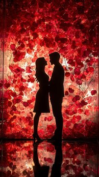 Couple's Romantic Silhouette Surrounded by Vibrant Rose Petals in Warm Lighting. Generative AI