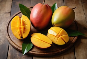 Juicy Mangoes on Wooden Board: Fresh, Sliced, and Whole Tropical Fruits with Green Leaves, Perfect for Summer Recipes and Designs.