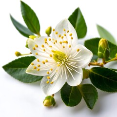 Fototapeta premium Myrtle flower beautiful photography Myrtus flower isolated Nature's beauty white blossom Close-Up Myrtus flowering twig and leaves Myrtle flower White Petals, Yellow Center and Green Leaves