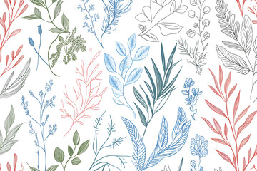 Fototapeta premium Botanical Line Art: A delicate and charming seamless pattern featuring an array of hand-drawn botanical illustrations in soft pastel colors. Perfect for textile design, wallpapers, and more. 