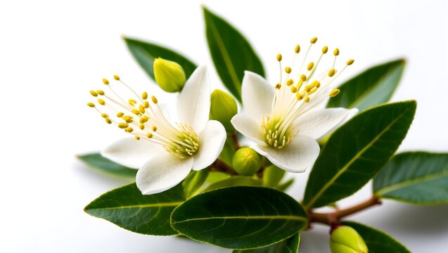 Myrtle flower beautiful photography Myrtus flower isolated Nature's beauty white blossom Close-Up Myrtus flowering twig and leaves Myrtle flower White Petals, Yellow Center and Green Leaves