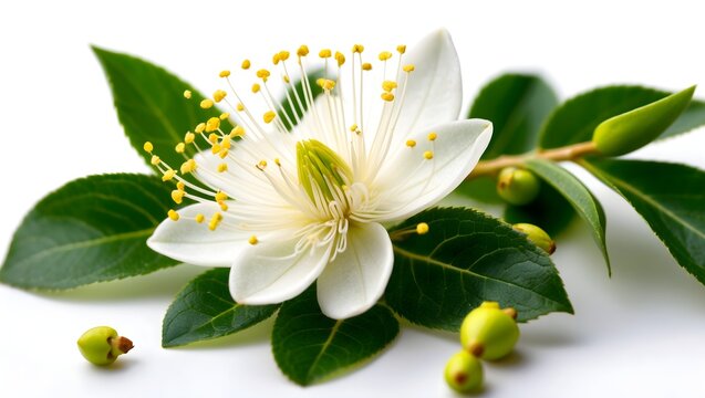 Myrtle flower beautiful photography Myrtus flower isolated Nature's beauty white blossom Close-Up Myrtus flowering twig and leaves Myrtle flower White Petals, Yellow Center and Green Leaves