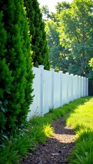 Fototapeta premium Tall white fence with dense evergreen hedges on either side, serene, solitude, landscape