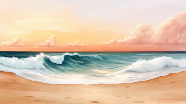 serene seascape with gentle waves rolling onto sandy beach under vibrant sunset sky, featuring soft clouds and warm hues that evoke tranquility and peace