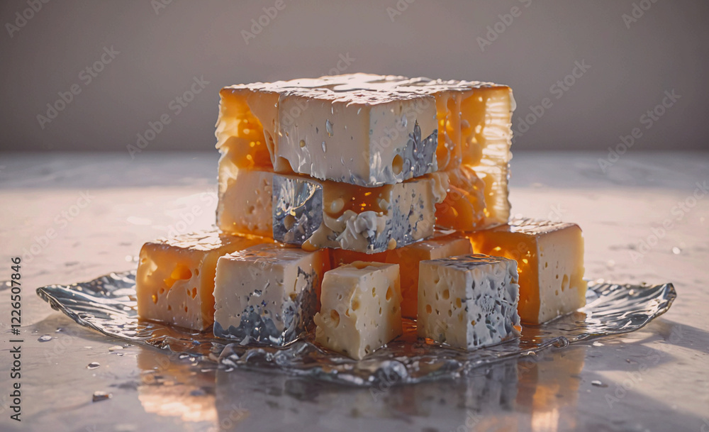 Poster a stack of cheese blocks on a plate. the cheese is cut into small pieces and he is melting. the imag