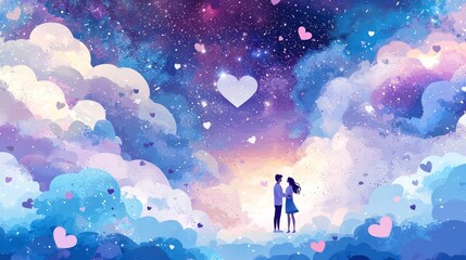 Valentine mockup card elements design. Couple Under Starry Sky Amidst Clouds with Floating Hearts Romantic Illustration.