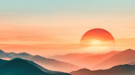 Obraz premium serene minimalist sunset with vivid abstract hues, clean horizon, and layered mountain silhouettes creates tranquil and dreamy atmosphere