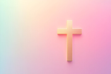 Obraz premium Pastel Cross: A golden cross rests on a soft pastel pink and blue gradient background, offering a serene and contemplative image. 