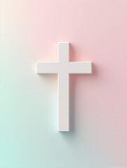 Obraz premium Serene Cross: Minimalist rendering of a white cross against a soft pastel pink and blue gradient background. The image evokes feelings of peace, hope, and spirituality.