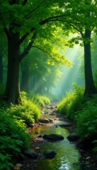 Fototapeta premium The sound of a stream echoes from beneath the trees, broad leafy canopy, footpath