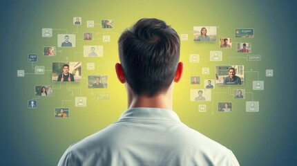 Back view of a Caucasian man connecting to an animated stream of metaverse data, including viral videos, social media profiles, and online communities, with a smooth gradient transition. Blending colo