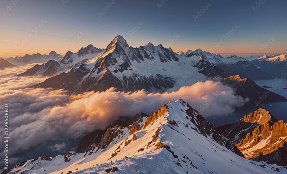 Poster the sky is filled with clouds and the mountains are covered in snow. the sun is setting, casting a w