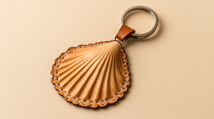 Naklejka premium An artisanal leather keychain in the shape of a seashell, embossed and stitched with refined detail, warm earth tones on a muted solid-color background