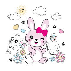 Cute rabbit vector surrounded by vibrant flowers and small insects, creating a charming and peaceful nature scene
