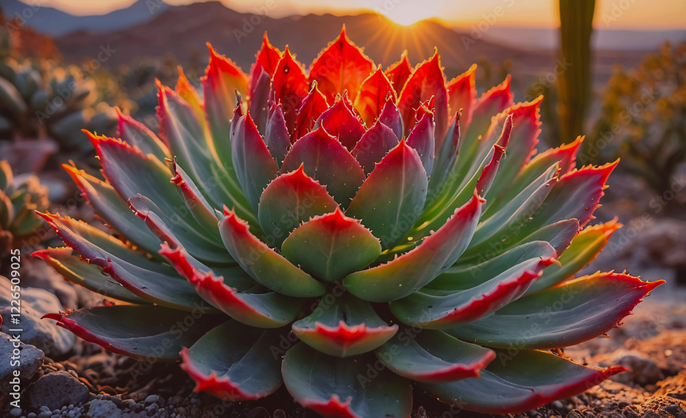 Poster a large red flower with green leaves is in the foreground. the flower is surrounded by rocks and dir
