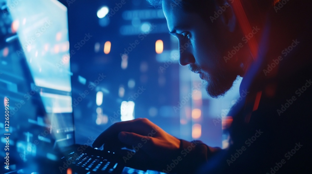 Poster close-up of a man using a laptop in a dark room with bokeh lights background