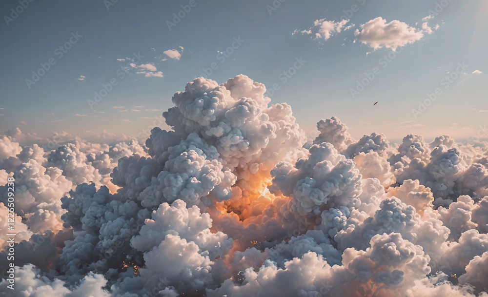 Aufkleber the sky is filled with fluffy white clouds, and the sun is shining brightly through them. the scene 
