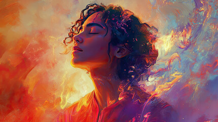 Vibrant Portrait of a Young Woman with Flowing Hair in Colorful Swirls