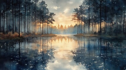 Fototapeta premium Watercolor painting of forest landscape with subtle textures 