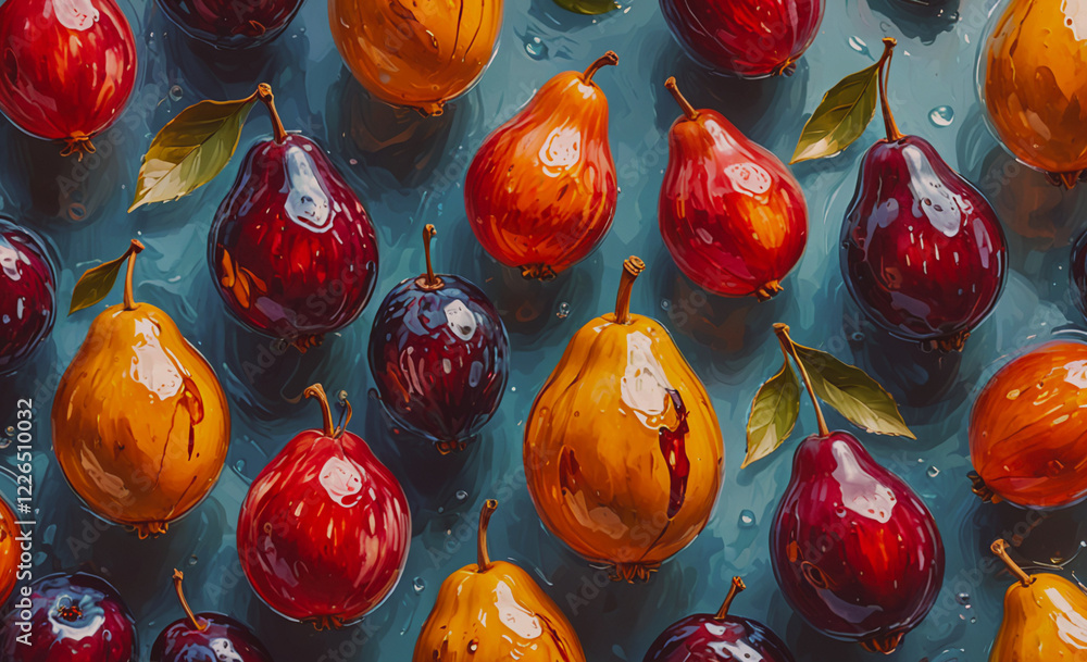 Poster a painting of many different colored pears and apples. the pears are red and the apples are green