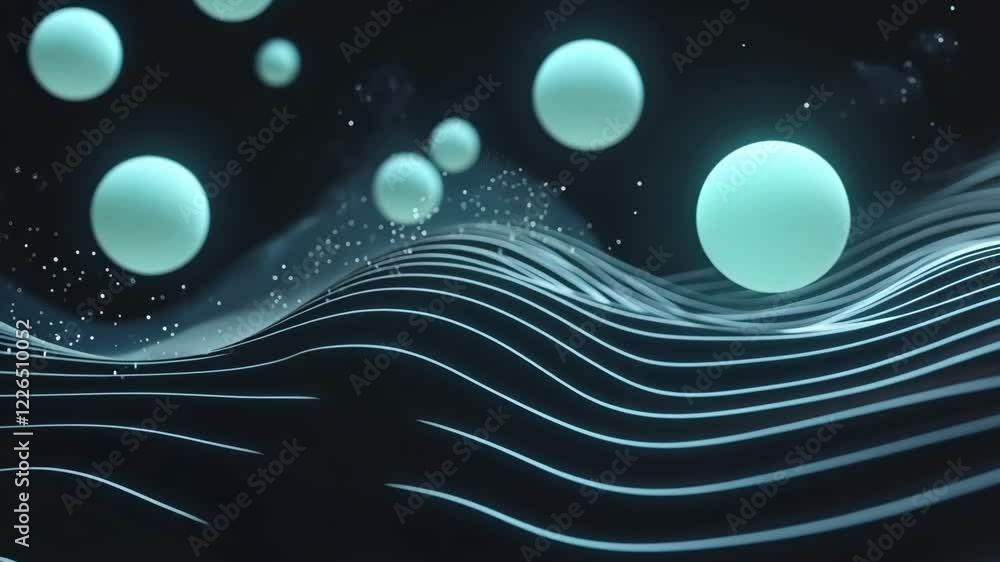 Poster floating spheres in an abstract blue landscape create a soothing visual experience with gentle waves