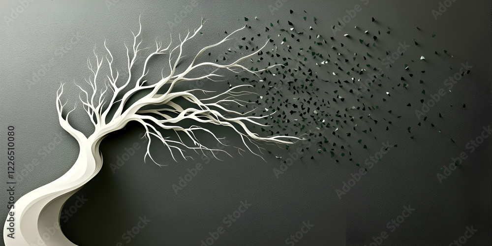 Poster paper sculpture tree: intricate paper-cut art depicting a stylized tree with branches seemingly shed