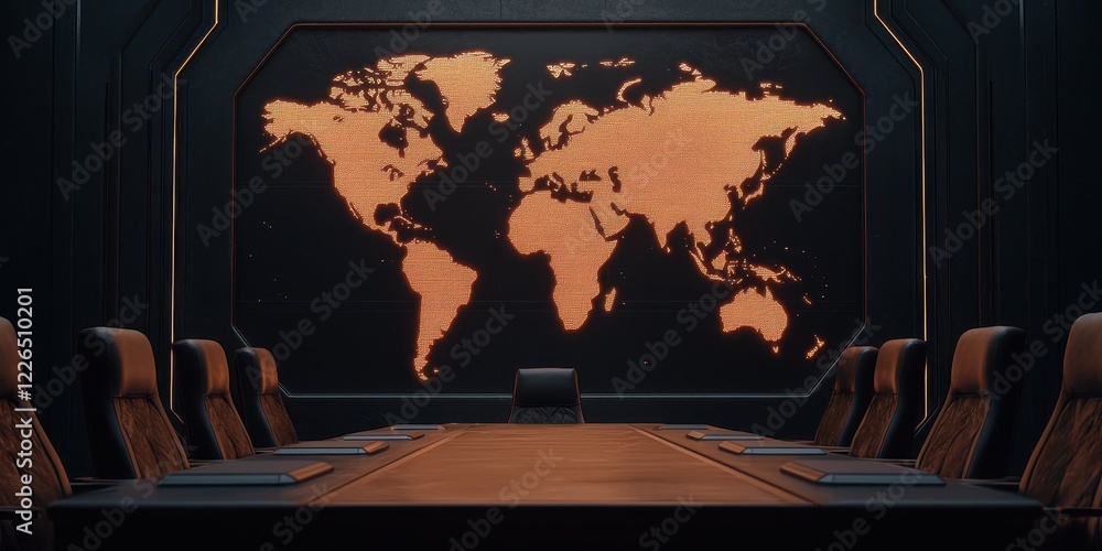Poster clean energy wind strategy concept. a modern boardroom featuring a glowing world map backdrop on a d