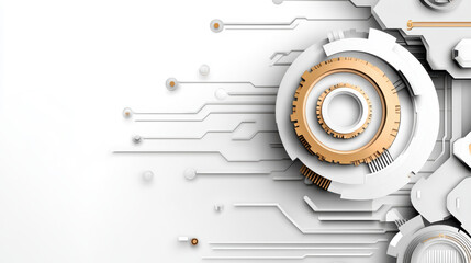 Abstract futuristic design with white and gold circular elements, geometric shapes, and intricate circuit like patterns on clean white background, evoking modern technological aesthetic