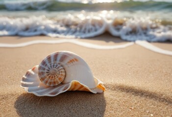 Obraz premium Seashell on Sandy Beach with Ocean Waves in Soft Sunlight: Perfect Summer Vacation Stock Photo