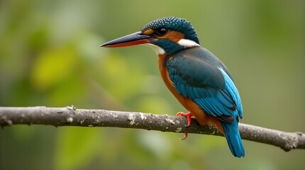 Obraz premium Vibrant Male Common Kingfisher Perched on Branch Stunning Nature Photography Wildlife Bird Blue Orange Feathers Green Background