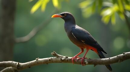 Fototapeta premium Stunning Red-billed Blue Magpie Perched on Branch, Vibrant Colors, Detailed Close-up, Asian Bird Photography, Wildlife Nature Image