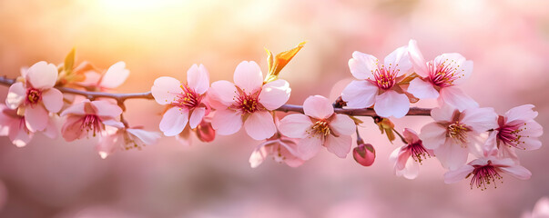 Fototapeta premium Pink blossoms branch, sunrise, garden, spring