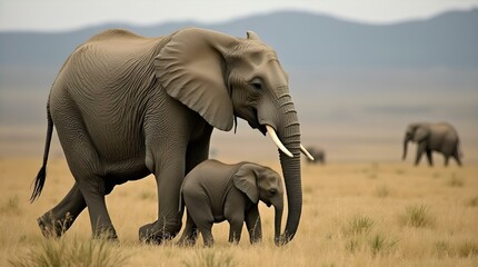 Fototapeta premium African Elephant Mother and Calf in Serengeti Savannah Landscape Wildlife Photography Nature Image