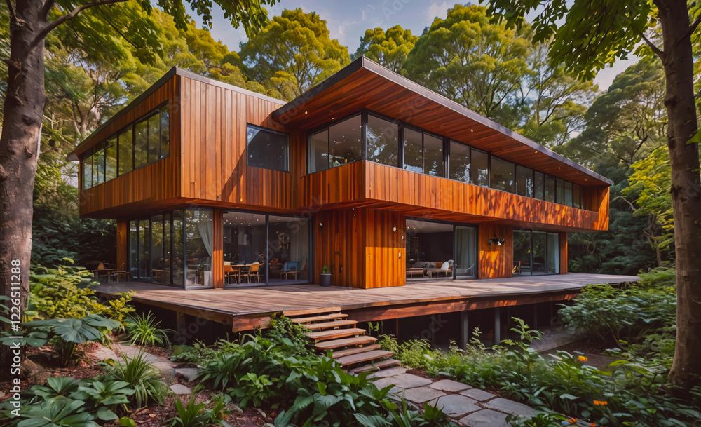 Aufkleber a large wooden house with a large deck and a garden. the house is surrounded by trees and has a lot 