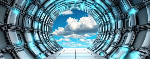 Naklejka premium clean energy wind strategy concept. Futuristic tunnel with clouds and blue sky, creating a sense of depth and exploration.