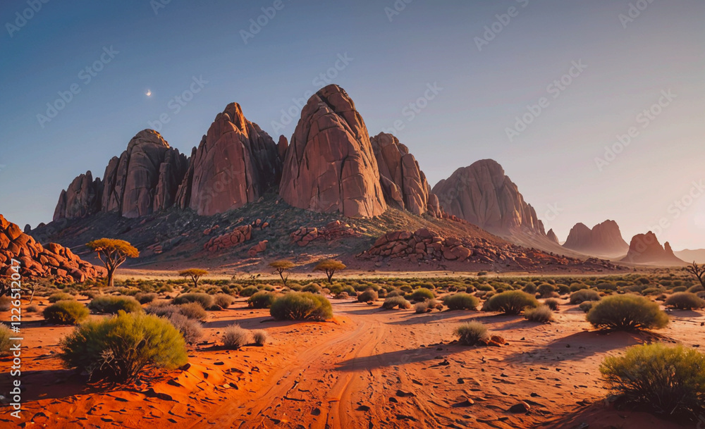 Poster a desert landscape with a mountain range in the background. the sky is clear and the sun is setting