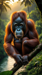 Naklejka premium orang Utan on its habitat, Papua Forest, extinct animal sunset, tropical forest, river, created by generative ai