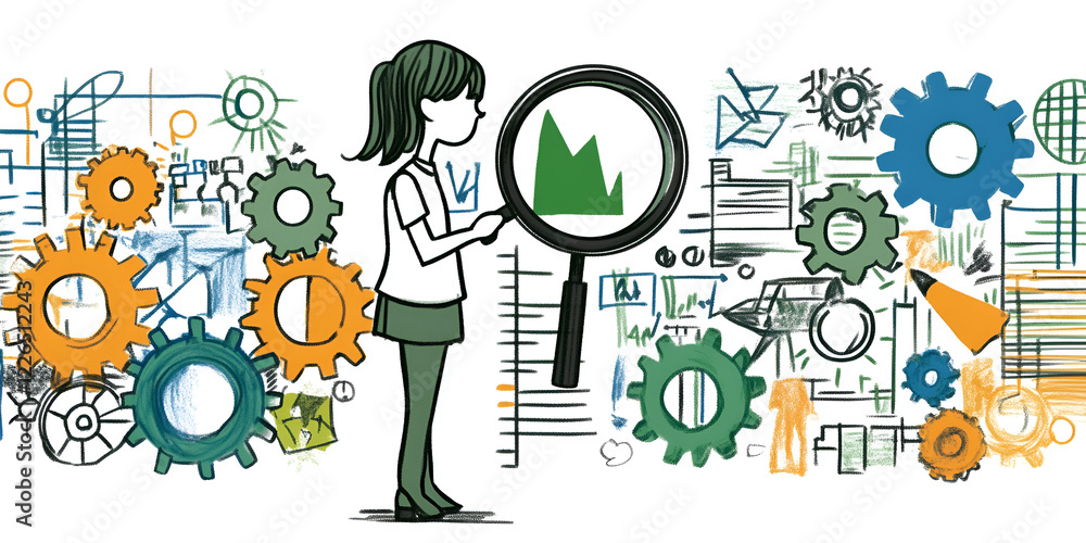 Poster data-driven insights: a woman scrutinizes a graph through a magnifying glass, surrounded by gears an