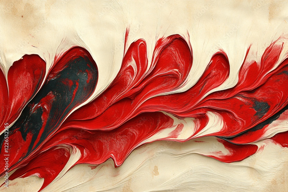 Poster abstract flowing red and black paint on a textured off white background with dynamic movement