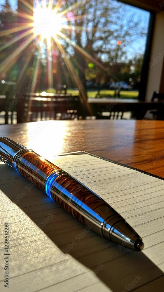 Poster sunlight shines through a window onto a wooden table with a pen resting on a notepad in a cozy cafe