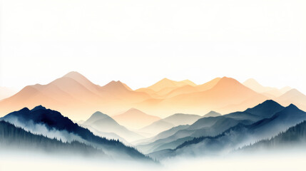 Layered mountain peaks transition in gradient hues, from deep blue to warm orange, creating serene and tranquil atmosphere. Misty valleys and soft light enhance peaceful scenery