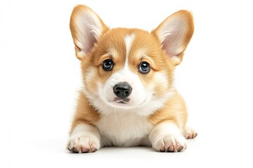 Obraz premium An isolated front view of a Corgi puppy on a white backdrop. Generative Ai
