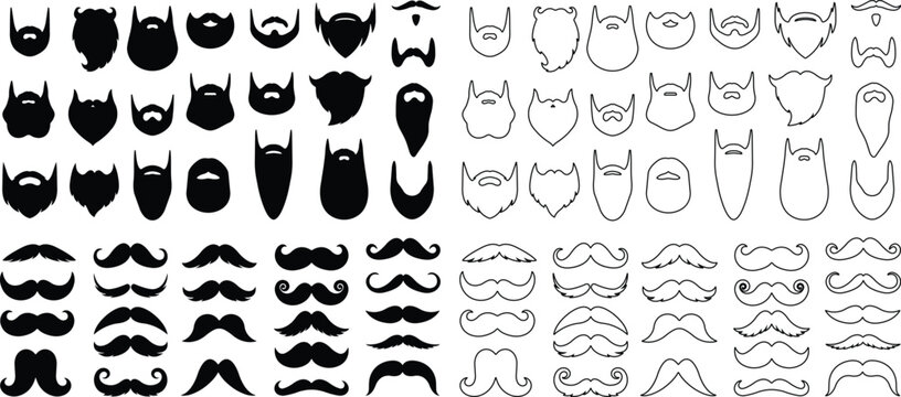 Beards, moustache icon in flat line set. Vector for apps or website for men face isolated on transparent background Symbol of man Hipster or retro gentleman with long curly beard moustache