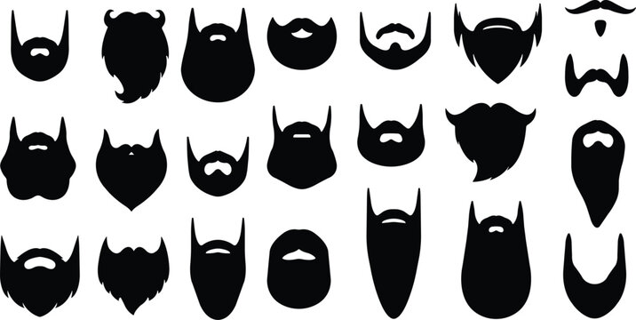 Beards Black silhouette icon in flat set. Symbol of man beard Vector for apps or website beards for men face isolated on transparent background Hipster or retro gentleman with long curly beard