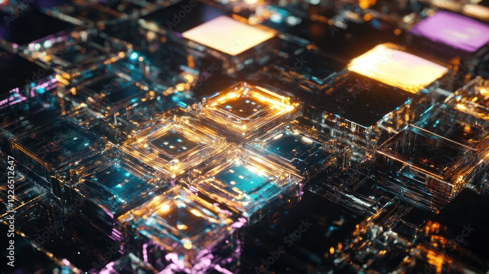 Poster abstract glowing grid of interconnected squares with futuristic digital technology design