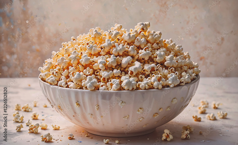 Poster a bowl of popcorn is sitting on a table. the bowl is filled with white popcorn and there is a lot of