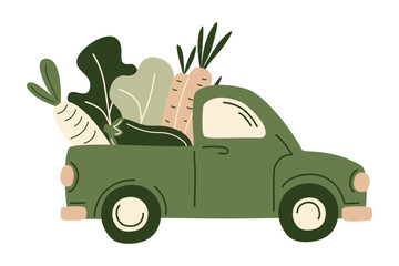 Retro farm pickup truck filled fresh grocery products from supermarket or farmer market. Organic fresh vegetables in the car for eco-friendly design of food delivery, Vector illustration in flat style