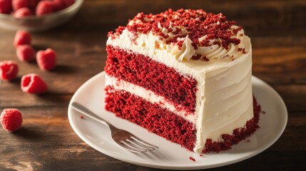 A decadent and moist red velvet cake with cream cheese frosting and a sprinkle of red velvet crumbs, served on a white porcelain plate, Cake centered
