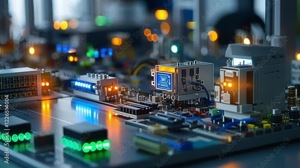 Poster close up view of a circuit board featuring microchips and processors, illuminated by colorful led li
