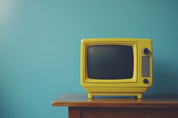 Yellow vintage television on wooden table against teal wall.